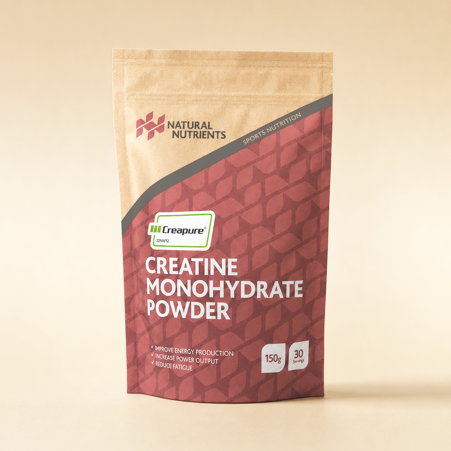 Package of Creatine Monohydrate Powder by Natural Nutrients on a beige background