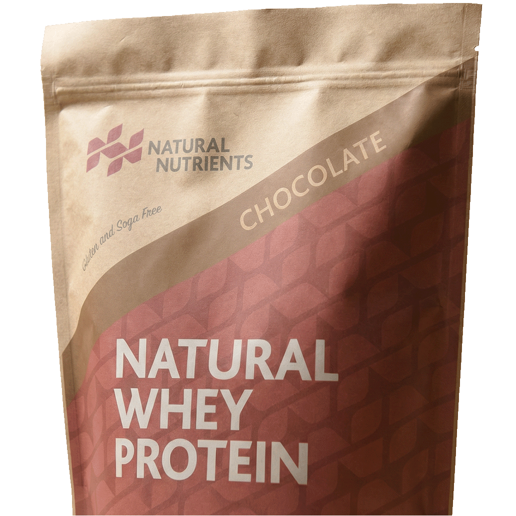 Package of Natural Whey Protein in chocolate flavor by Natural Nutrients on a white background