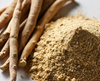 Ashwagandha roots and powder on a light background