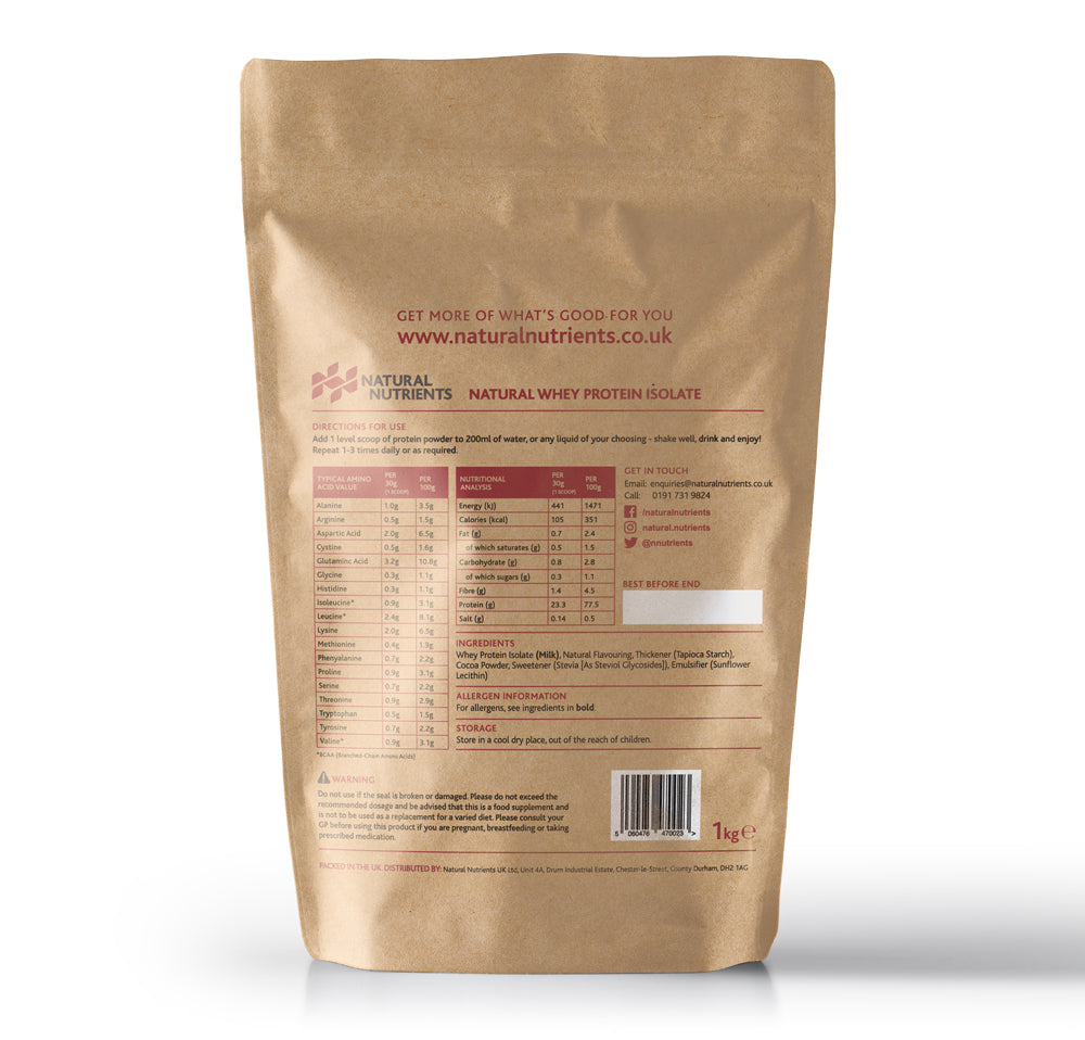 Natural Whey Protein Isolate | Grass Fed | Chocolate Flavoured Powder - 1KG Back