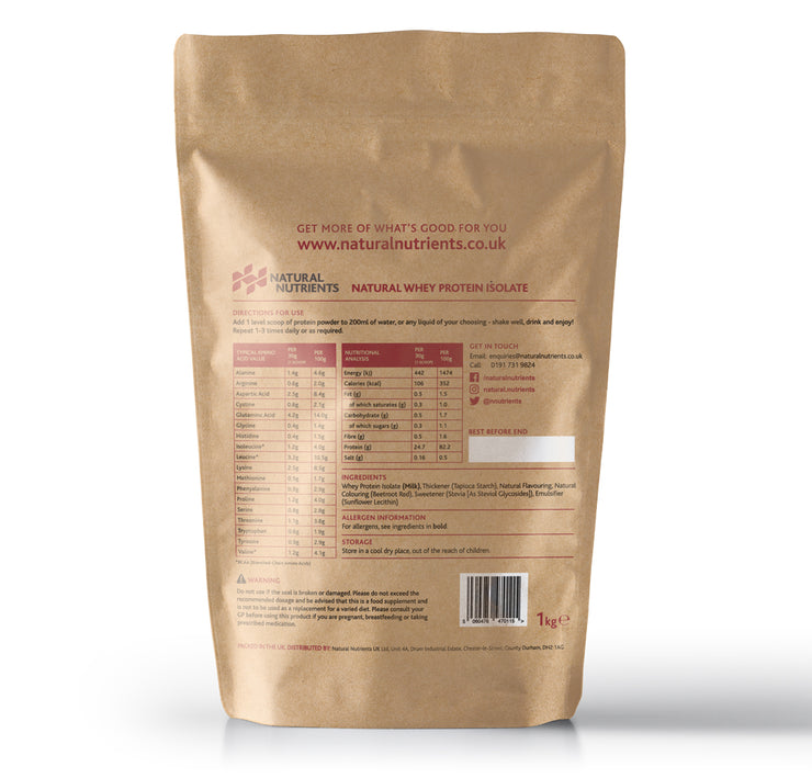 Natural Whey Protein Isolate| Grass Fed | Strawberry Flavoured Powder - 1KG Back